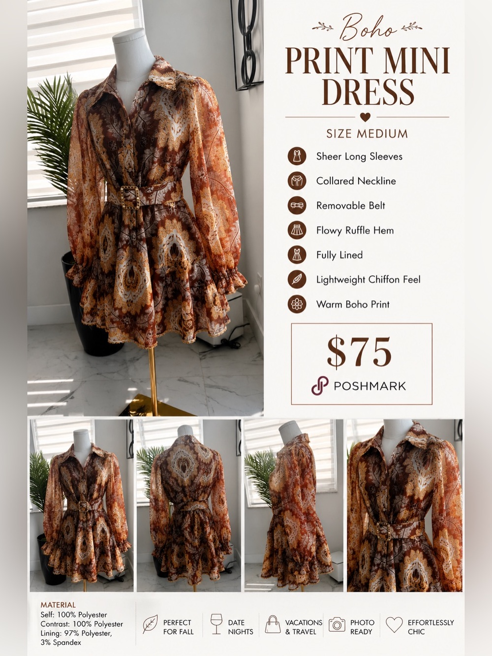 Boho Print Mini Dress with Removable Belt - Brown/Gold